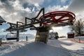 Upper station of ski-lift chair at resort Snowland Valca in winter season