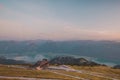 Upper terminus station of narrow cog railway on the schafberg mountain in upper austria. Romantic view of old train track high up