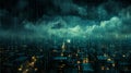 upper view of city and clouds with raining codes background generative AI