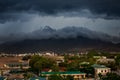 upper view of city dark thunderclouds above city mountains