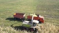 Upper view combine and lorry gather corm for silage