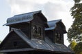 Upper view of an old shabby wooden buildings in a fairy style in the Kaliningrad zoo, Russia Royalty Free Stock Photo