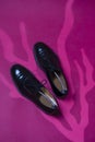 Upper View of Pair of Formal Male Stylish Black Polished Oxford Leather Laced Shoes Placed Together Over Pink Background