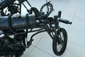 Upper view of of postapocalyptic motorbike replica from movie Mad Max: Fury Road, made of scrap metal parts