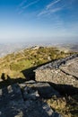 Upper view on saint jean de luz on atlantic coastline from mountains with old stone sheep barn and couple silhouette shadow, basqu Royalty Free Stock Photo