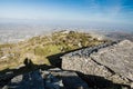 Upper view on saint jean de luz on atlantic coastline from mountains with old stone sheep barn and couple silhouette shadow, basqu Royalty Free Stock Photo