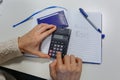 upper view on woman hands counting expences on calculator with wallet nearby