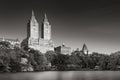 Upper West Side and Central Park Lake sunrise in Black & White. New York Royalty Free Stock Photo