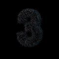 Uppercase fluffy and furry black font. Digit three. 3D