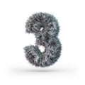 Uppercase fluffy and furry gray font. Digit three. 3D