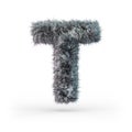 Uppercase fluffy and furry gray font. Letter T. 3D