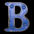 Uppercase letter B made of painted metal with blue rivets on black background. 3d