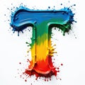 Uppercase letter T formed by vibrant, liquid paint splashes in rainbow gradient. Paint glossy, textured, creating dynamic Royalty Free Stock Photo