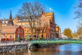 UPPSALA, SWEDEN, APRIL 22, 2019: Notable buildings alongside river Fyris in Uppsala, Sweden