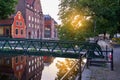 Uppsala, Sweden. Old metal bridge over Fyris river in the evening Royalty Free Stock Photo