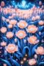 Upright abstract composition of bright blue flowers in a field of surreal tulips, peaceful landscape concept