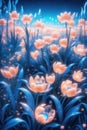 Upright abstract composition of bright blue flowers in a field of surreal tulips, peaceful landscape concept