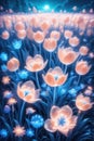 Upright abstract composition of bright blue flowers in a field of surreal tulips, peaceful landscape concept