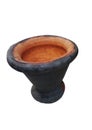 Upright black red-brick terracotta mortar with white background Used to break down food to make it resolution. Pound with a pestle