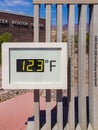 Displaying 123 degrees Fahrenheit on the thermometer at Furnace Creek, Death Valley, U.S.A