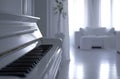 an upright piano and foot pedal set in a living room Royalty Free Stock Photo