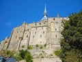 Uprisen angle view of famous historical Le Mont Saint-Michel Gothic abbey in Normandy, Bretagne, France, Europe.