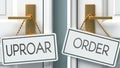 Uproar and order as a choice - pictured as words Uproar, order on doors to show that Uproar and order are opposite options while Royalty Free Stock Photo
