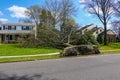 An uprooted fallen tree laying on the lawn in front of a house. Royalty Free Stock Photo