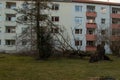 Uprooted tree fell on a house after a serious storm named eberhard Royalty Free Stock Photo