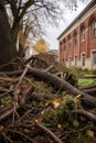 uprooted trees and debris scattered on the ground