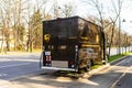 UPS truck parked on the sidewalk in Bucharest, Romania, 2020. UPS is one of largest package delivery companies worldwide Royalty Free Stock Photo