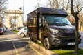 UPS truck parked on the sidewalk in Bucharest, Romania, 2020. UPS is one of largest package delivery companies worldwide Royalty Free Stock Photo