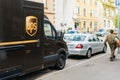 UPS United Parcel Service delivery van with worker driver Royalty Free Stock Photo