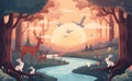 Peaceful forest at sunset and deer family walking near a river Royalty Free Stock Photo