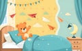 cartoon bedroom where toys come alive a teddy bear waving from the bed Royalty Free Stock Photo