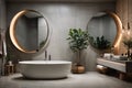 bathroom with gray tiled walls concrete flooring white bathtub Royalty Free Stock Photo