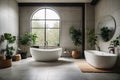 bathroom with gray tiled walls concrete flooring white bathtub Royalty Free Stock Photo