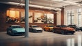 An upscale car dealership mockup orange and blue cars car showroom wall mockup HD 1920*1080