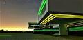 Upscale design of night illumination of the elite modern estate at night time. Combination of yellow and green looks nice with