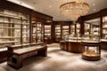 An upscale jewelry boutique with glass display cases, a shimmering chandelier,