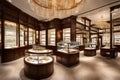 An upscale jewelry boutique with glass display cases, a shimmering chandelier,