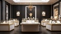 An upscale jewelry store with a simple plain black wall HD