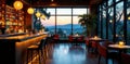 Upscale lounge with panoramic sunset views, featuring a stylish bar and comfortable seating. Generative AI Royalty Free Stock Photo