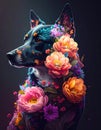 A floral dog in a double-exposure style, blending the cat\'s silhouette with large, vibrant blossoms. Generated image Royalty Free Stock Photo