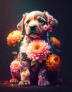 A floral puppy in a double-exposure style, blending the cat\'s silhouette with large, vibrant blossoms. Generated image Royalty Free Stock Photo