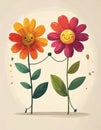 a Two smiling, colorful flowers with arms joined, embodying joy and friendship in a whimsical, cheerful design. Royalty Free Stock Photo