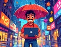 A Clipart featuring a man holding an umbrella above him to protect the computer from Viruses. Generated image Royalty Free Stock Photo