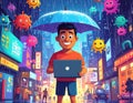 A Clipart featuring a boy holding an umbrella above him to protect the computer from Viruses. Generated image Royalty Free Stock Photo