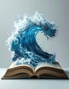 A giant, realistic ocean wave bursting from the pages of an open book, water droplets suspended in air Generated image Royalty Free Stock Photo