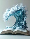 A giant, realistic ocean wave bursting from the pages of an open book, water droplets suspended in air Generated image Royalty Free Stock Photo